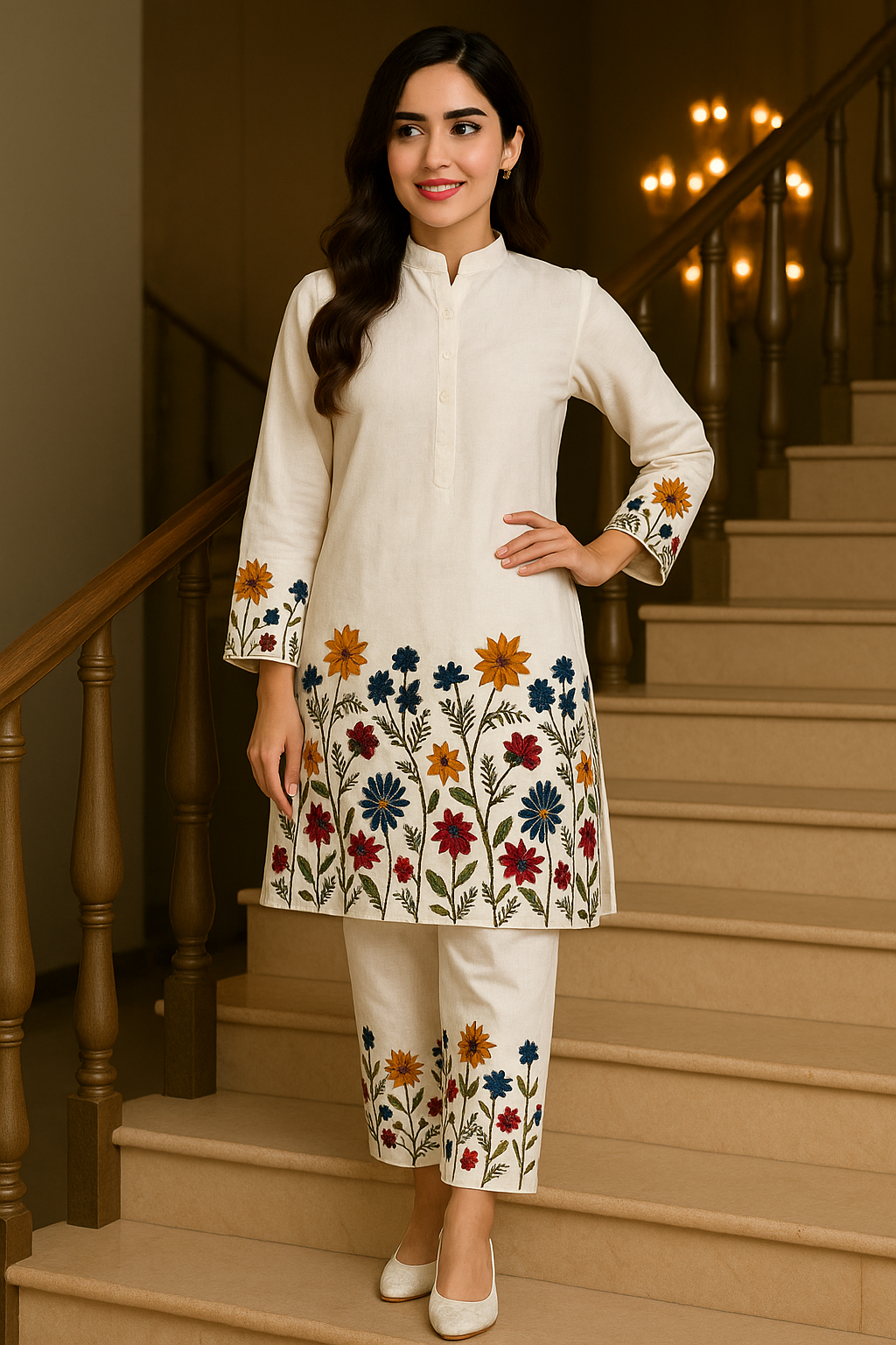 Floral Embroidered Off-White Kurta Set – Timeless Elegance - Premium Ethnic Wear for Women | Hamnaas Outlet