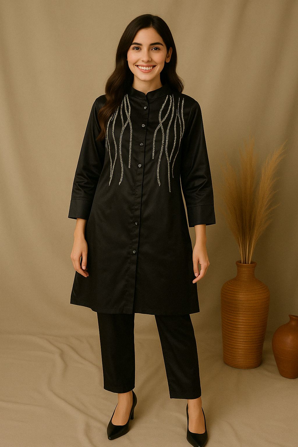 Black Embroidered Coord Set - 2 Piece Button Down Outfit with Silver Thread Work - Premium Ethnic Wear for Women | Hamnaas Outlet