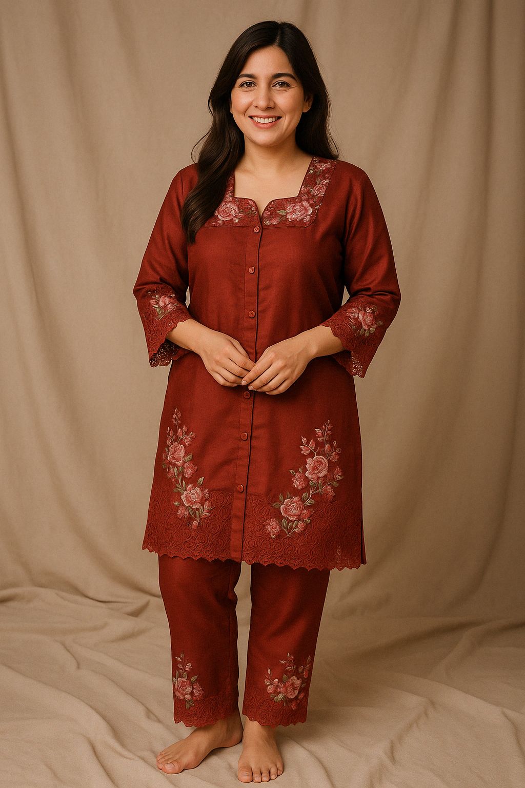 Rust Red Floral Embroidered Kurta Set – Timeless Elegance - Premium Ethnic Wear for Women | Hamnaas Outlet