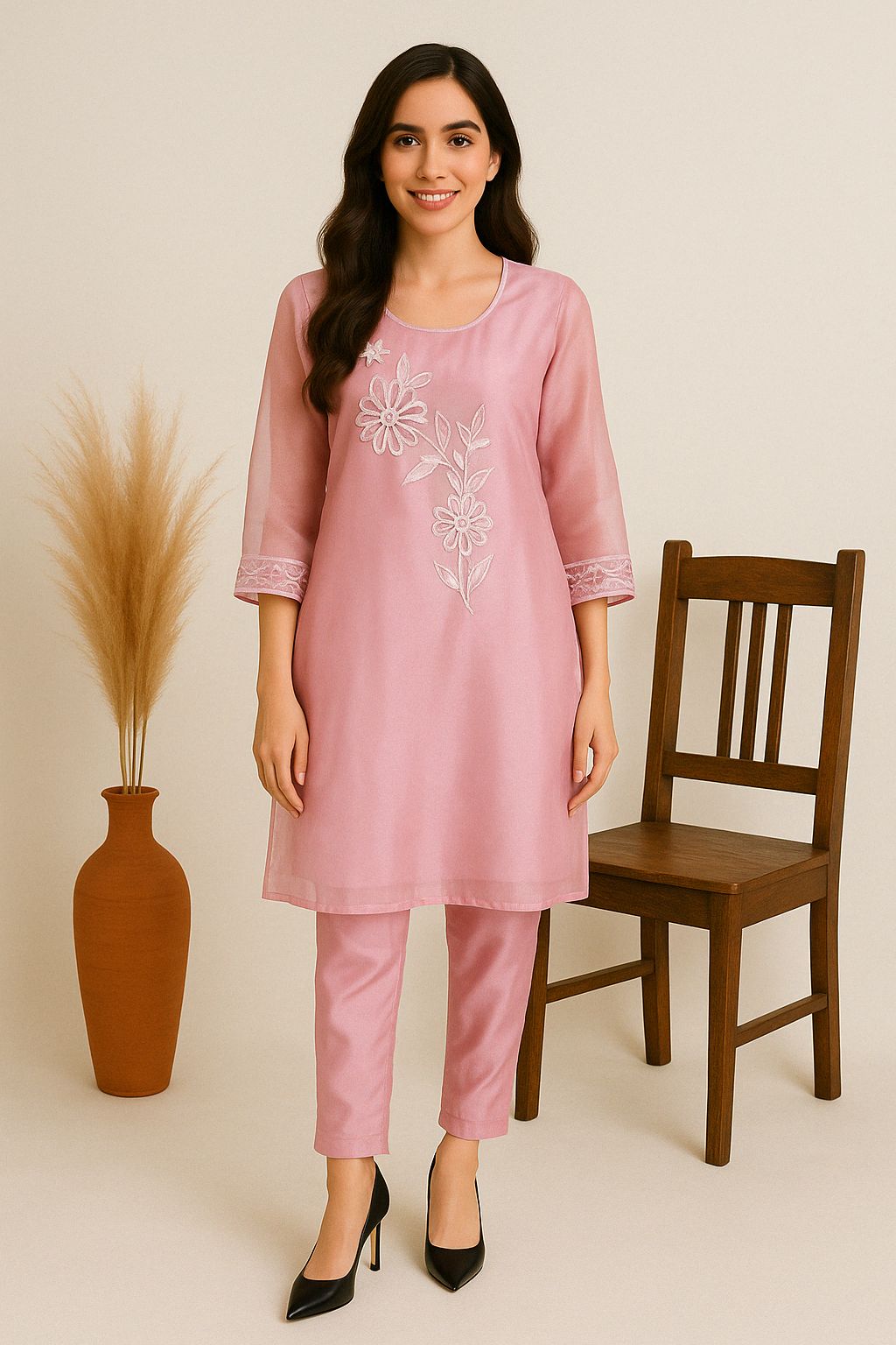 Blush Pink Floral Embroidered Kurta Set – Subtle Sophistication - Premium Ethnic Wear for Women | Hamnaas Outlet