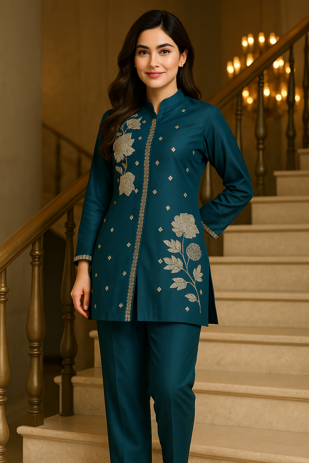 Teal Zari Embroidered Kurta Set – Regal & Refined - Premium Ethnic Wear for Women | Hamnaas Outlet