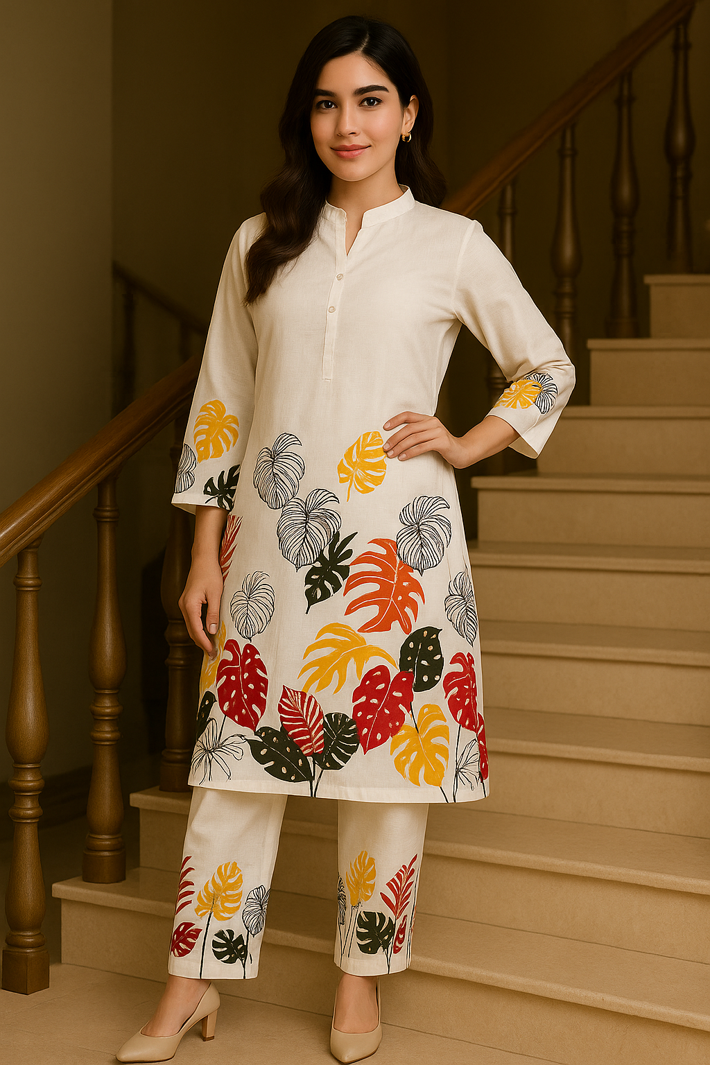 Botanical Print Ivory Kurta Set – Vibrant & Playful - Premium Ethnic Wear for Women | Hamnaas Outlet