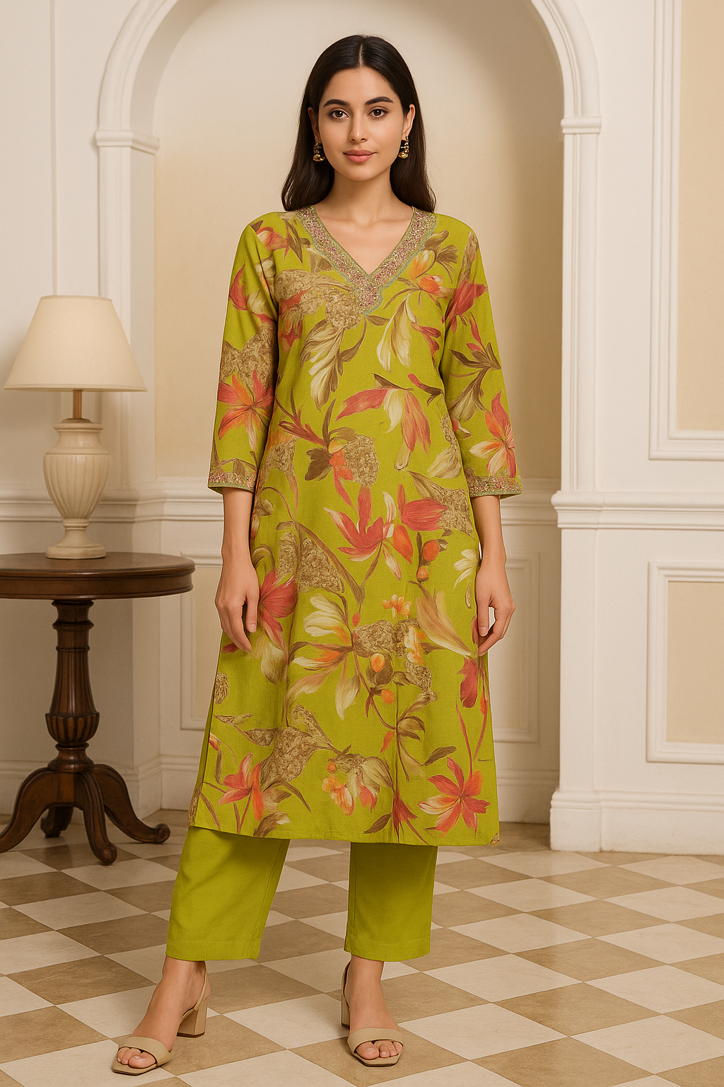 Lime Green Floral Printed Suit Set with Golden Embroidery - 3 Piece