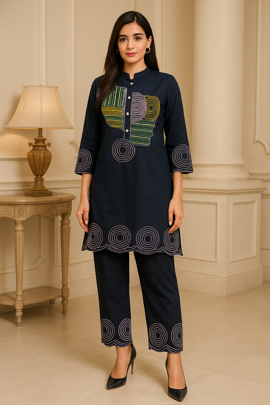 Black Cord Set with Modern Geometric Embroidery Pattern