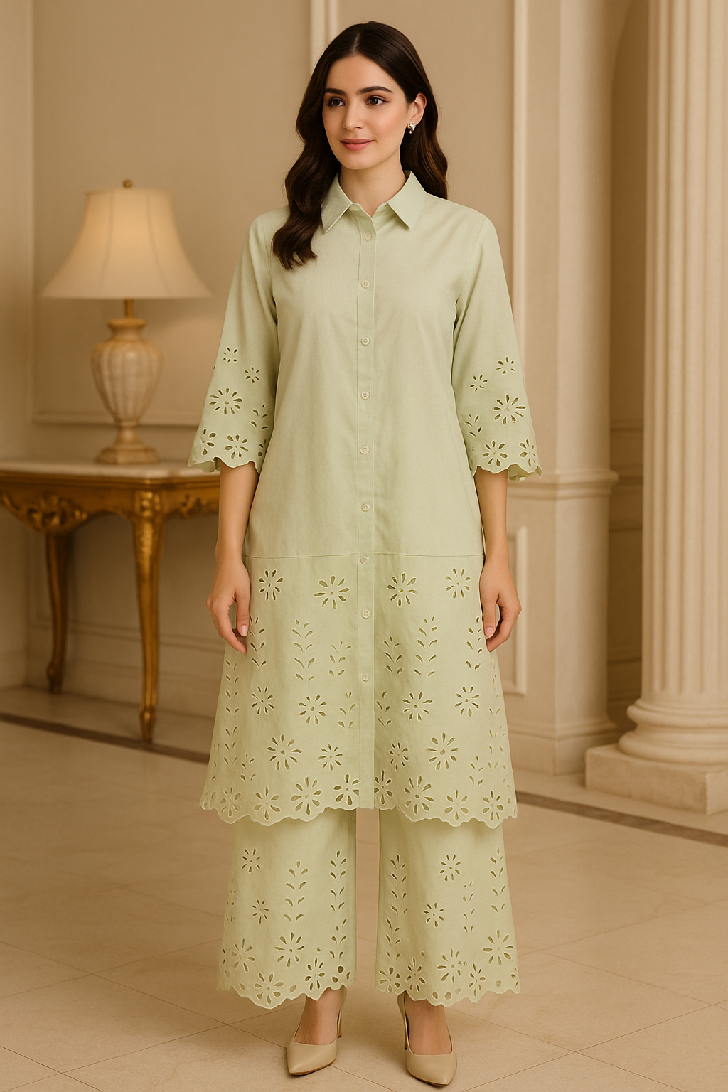 Ivory Mist Cutwork Cotton Kurta Set