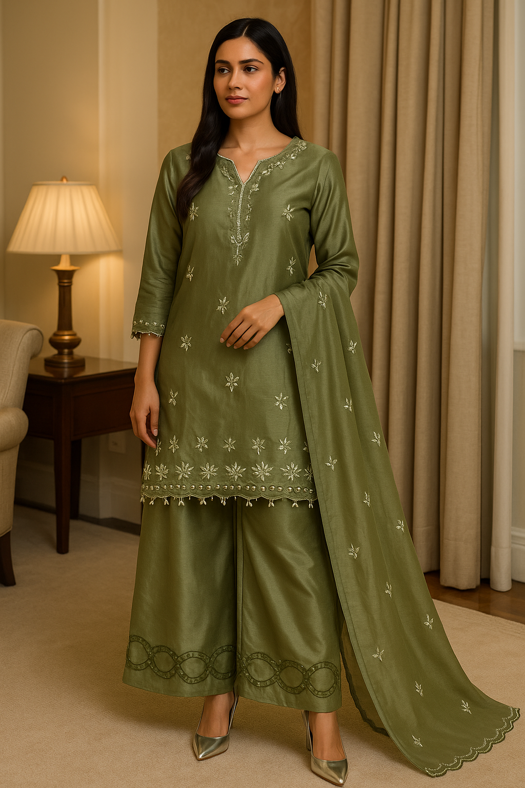 Olive Green Ethnic Sharara Set with Floral Embroidery – Farshi Style