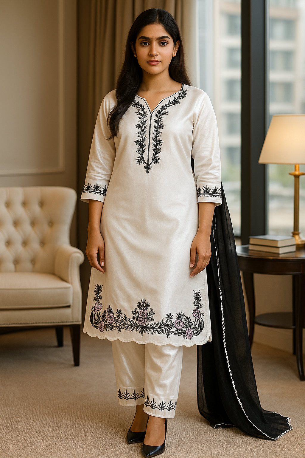 White Silk Cotton Embroidered Kurta Set with Black Dupatta – Luxe Edition