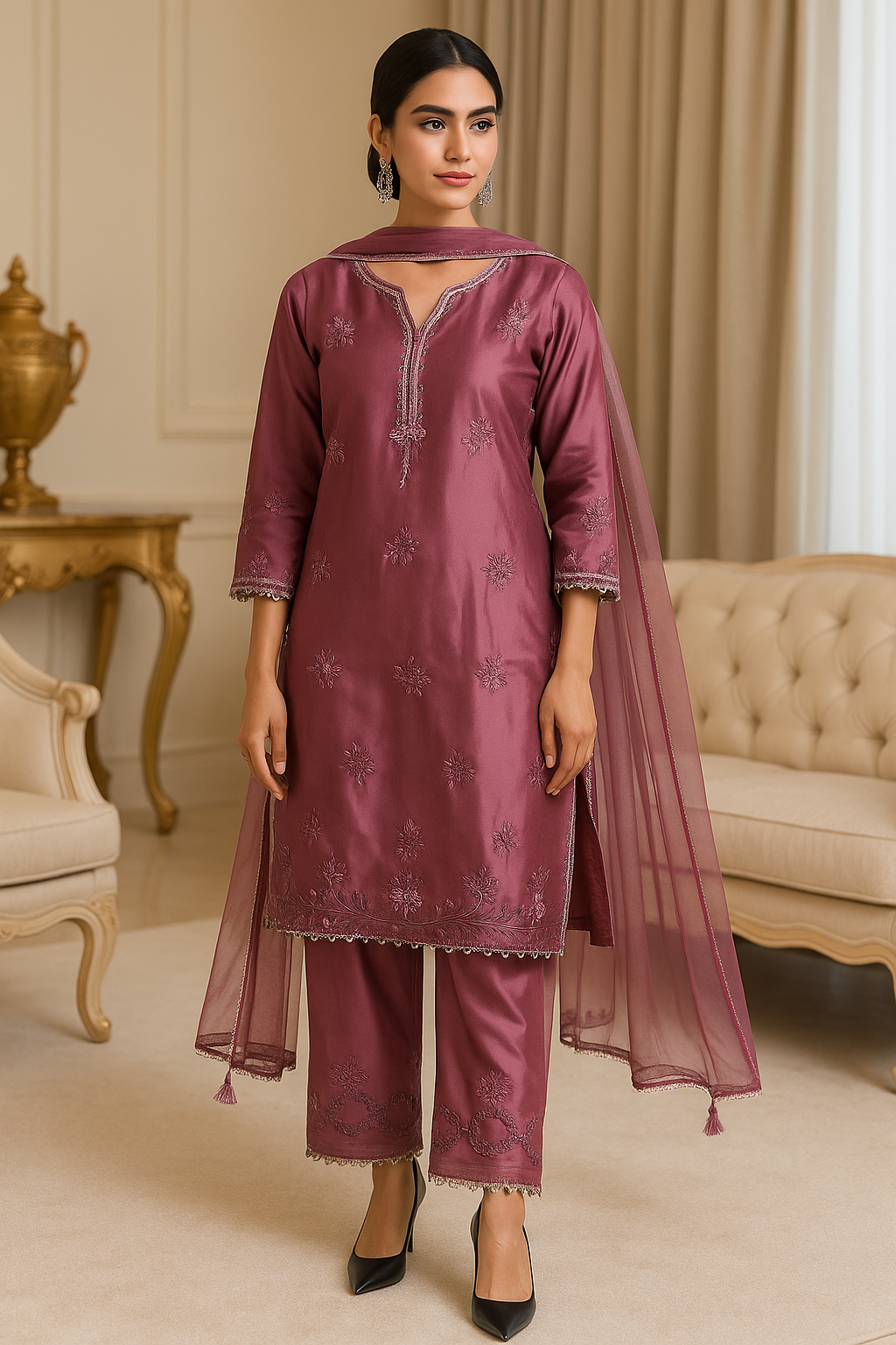 Plum Silk Embroidered Kurta Set with Mirror Work & Dupatta