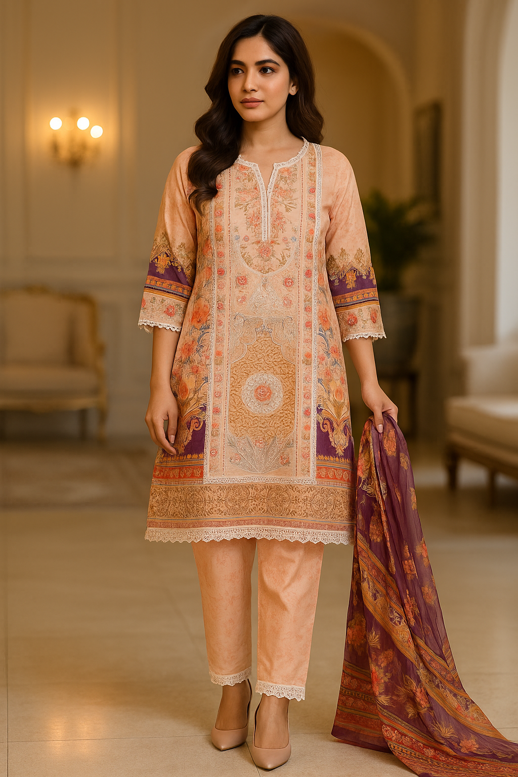 Peach Multicolor Digital Printed Lawn Kurta Set
