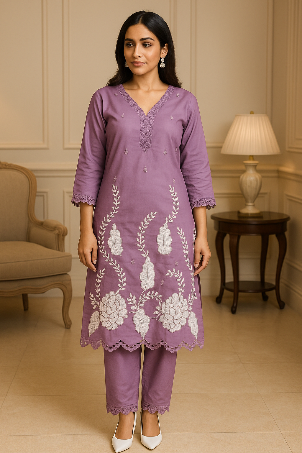 Lavender Cotton Kurta Set with White Thread Floral Embroidery