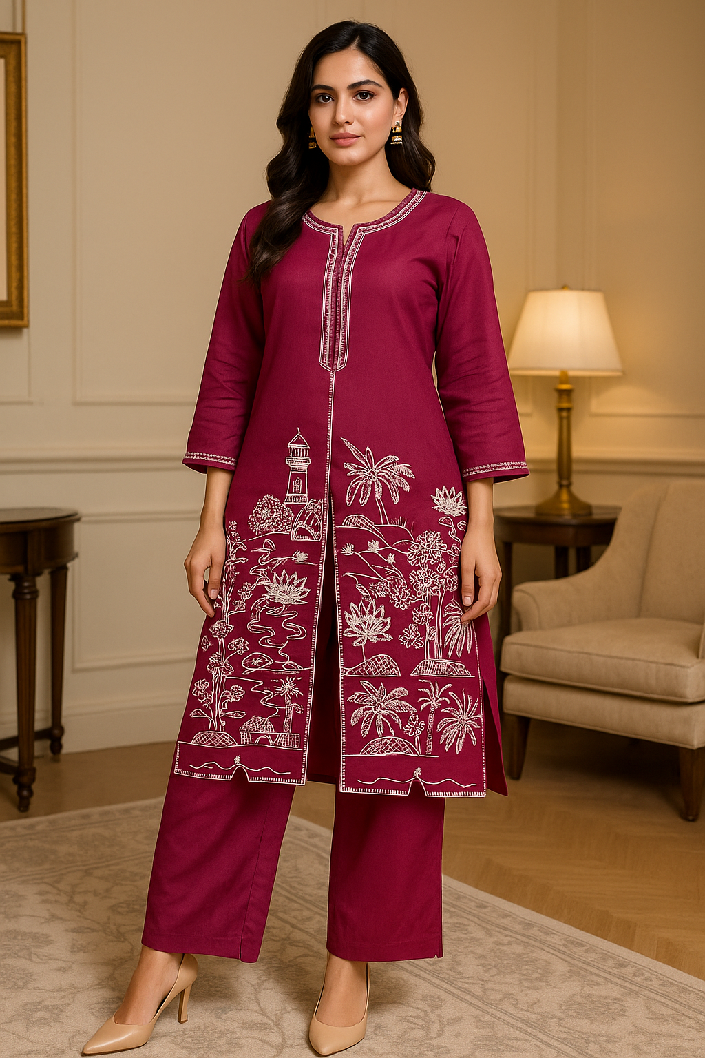 Maroon Embroidered Cord Set with Thread Work