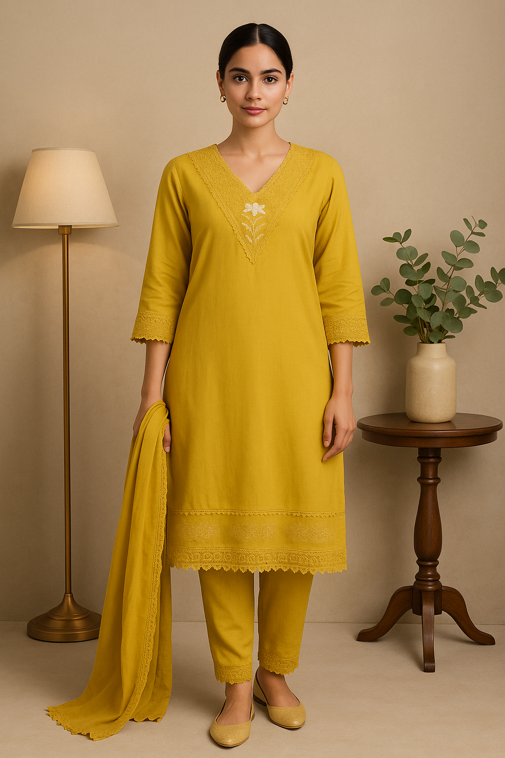 Mustard Yellow Chikankari-Inspired Embroidered Kurta Set