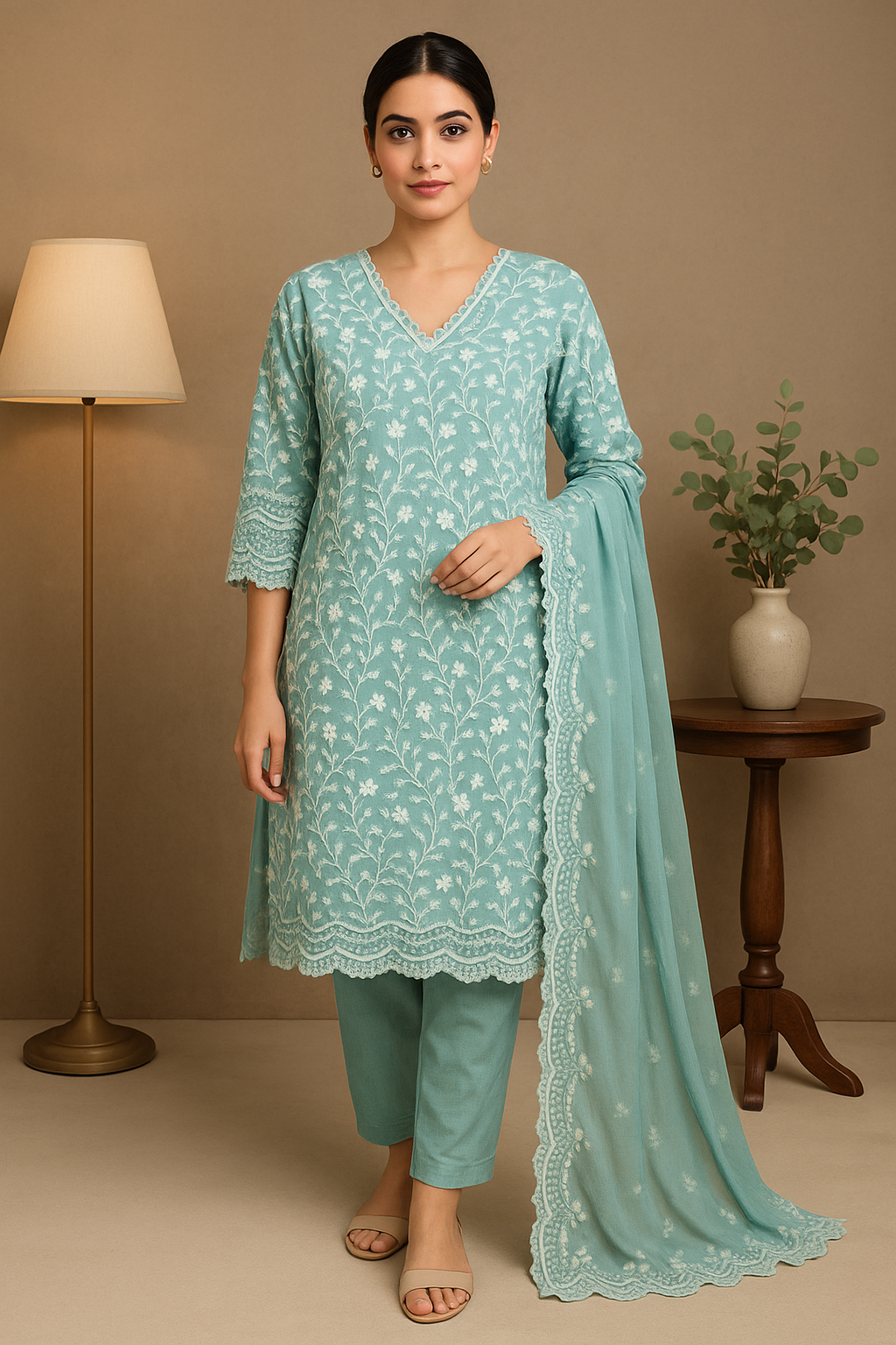 Seafoam Green Floral Embroidered Kurta Set