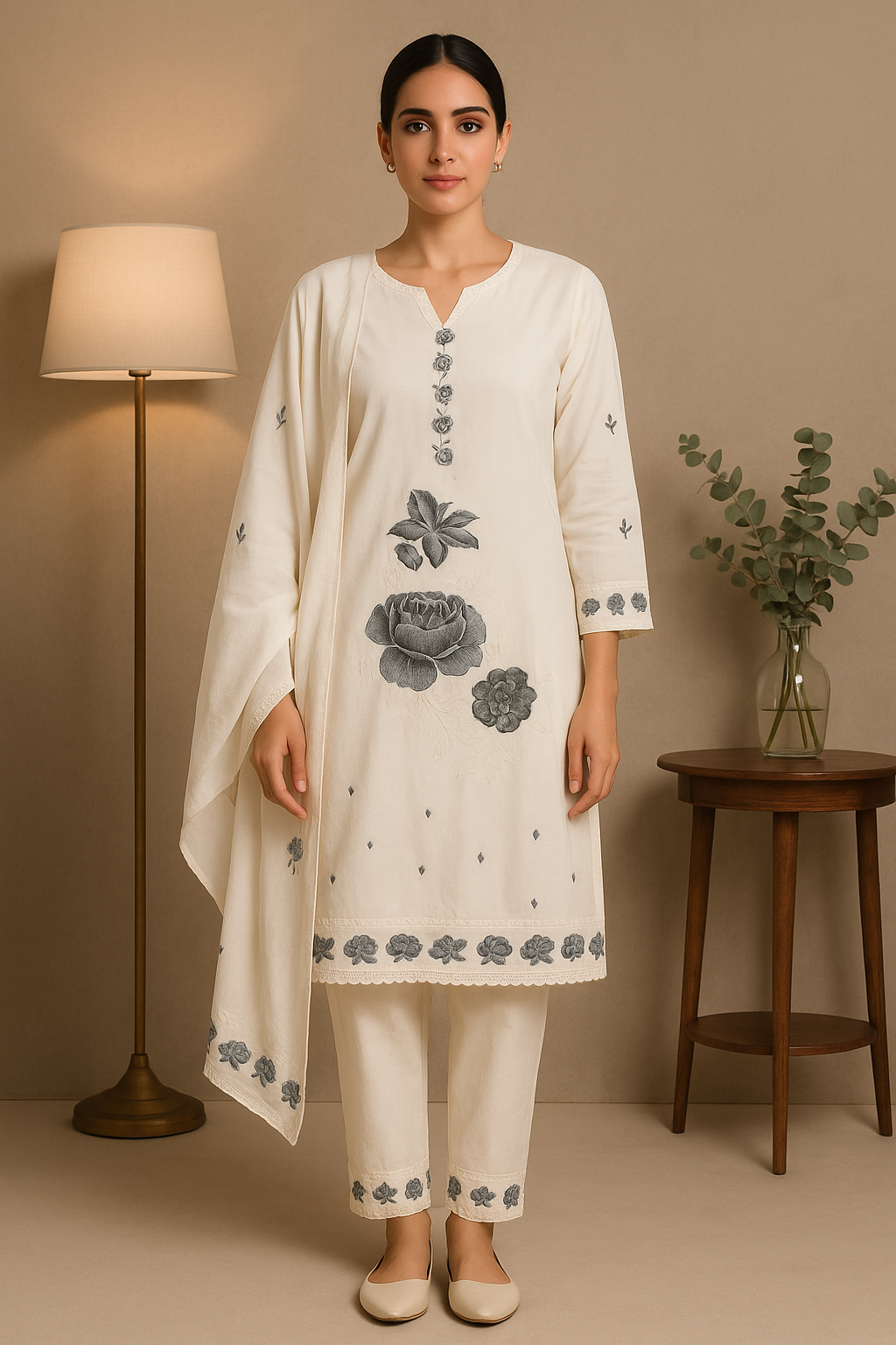 Cream & Charcoal Gray Floral Embroidered Kurta Set
