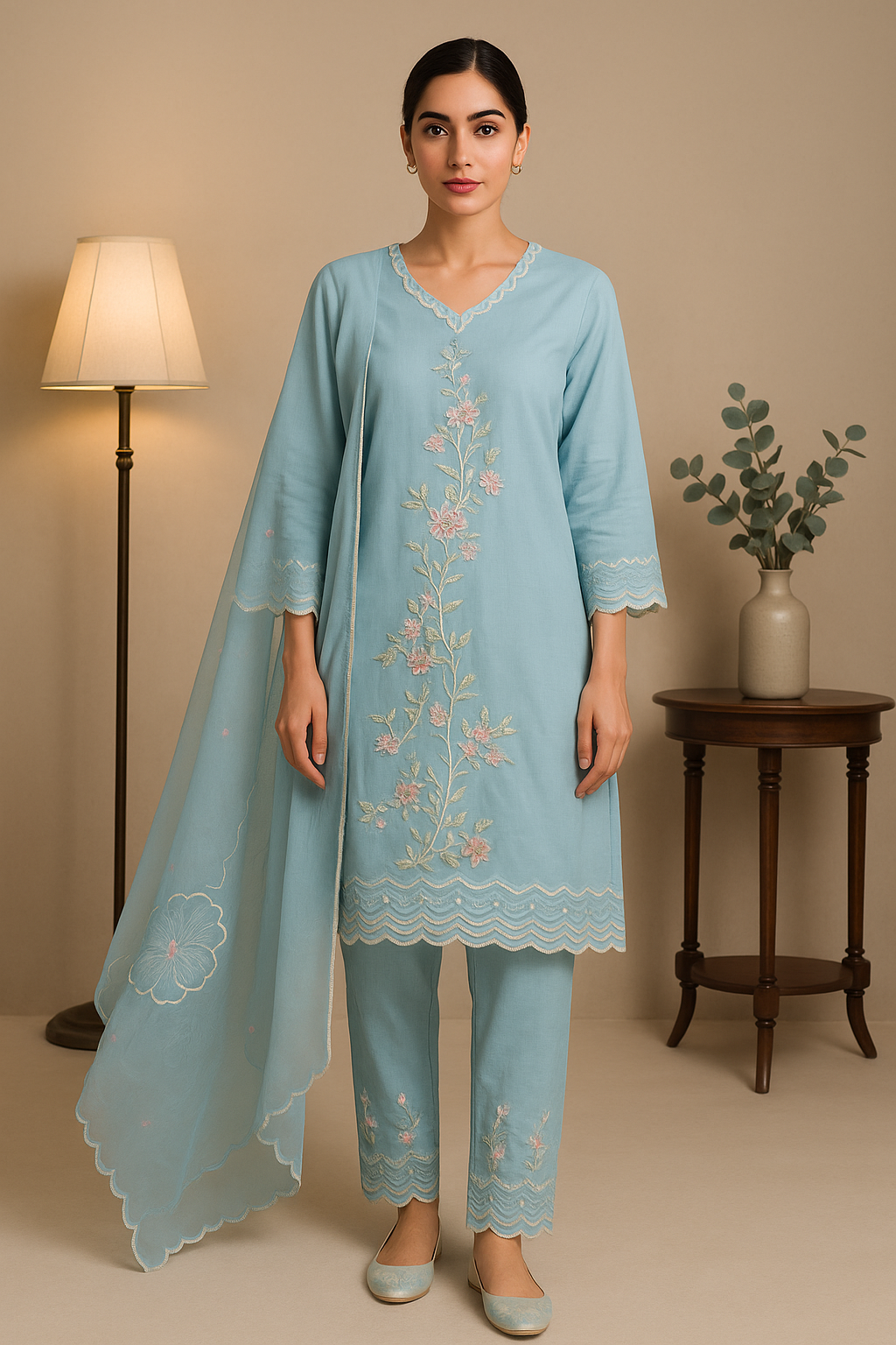 Sky Blue Floral Embroidered Kurta Set