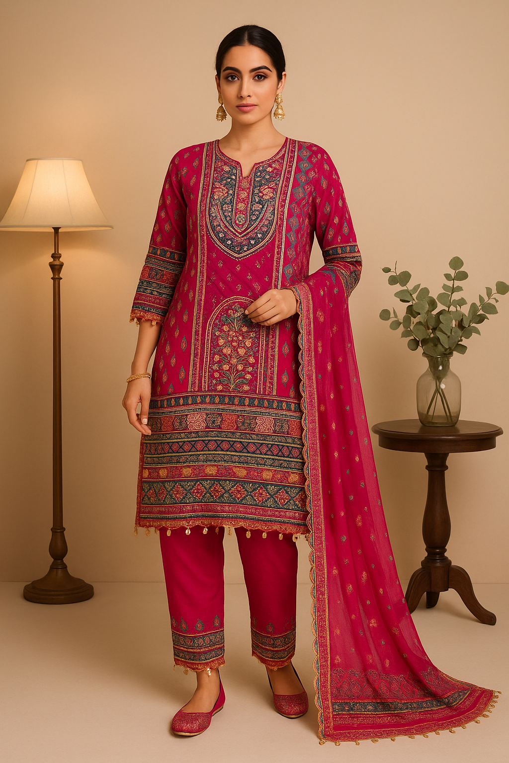 Magenta Heritage Multi-Embroidered Kurta Set