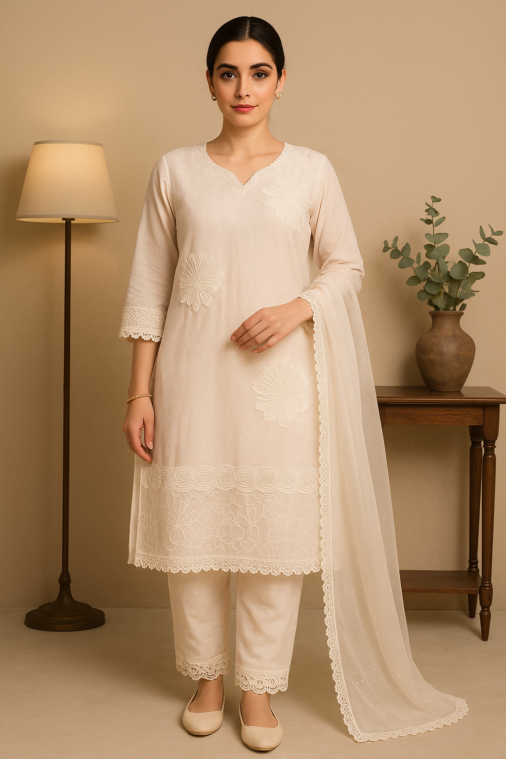 Blush Cream Lace & Embroidery Kurta Set