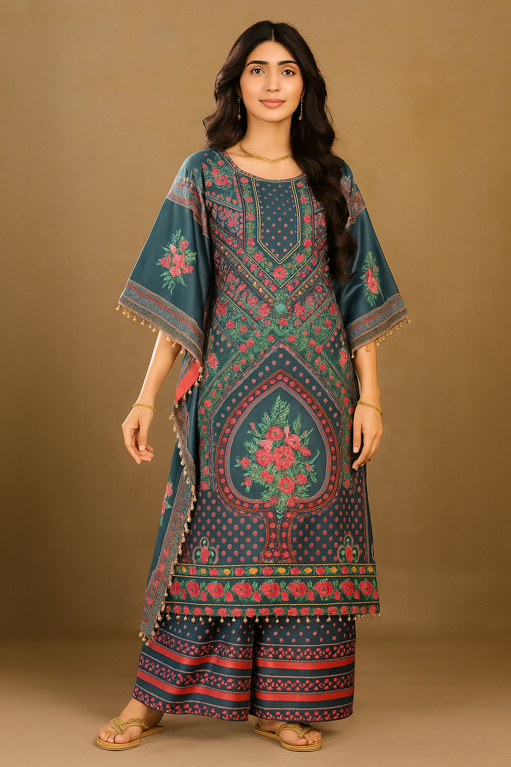 Kaftan Teal Floral - Premium Ethnic Wear for Women | Hamnaas Outlet