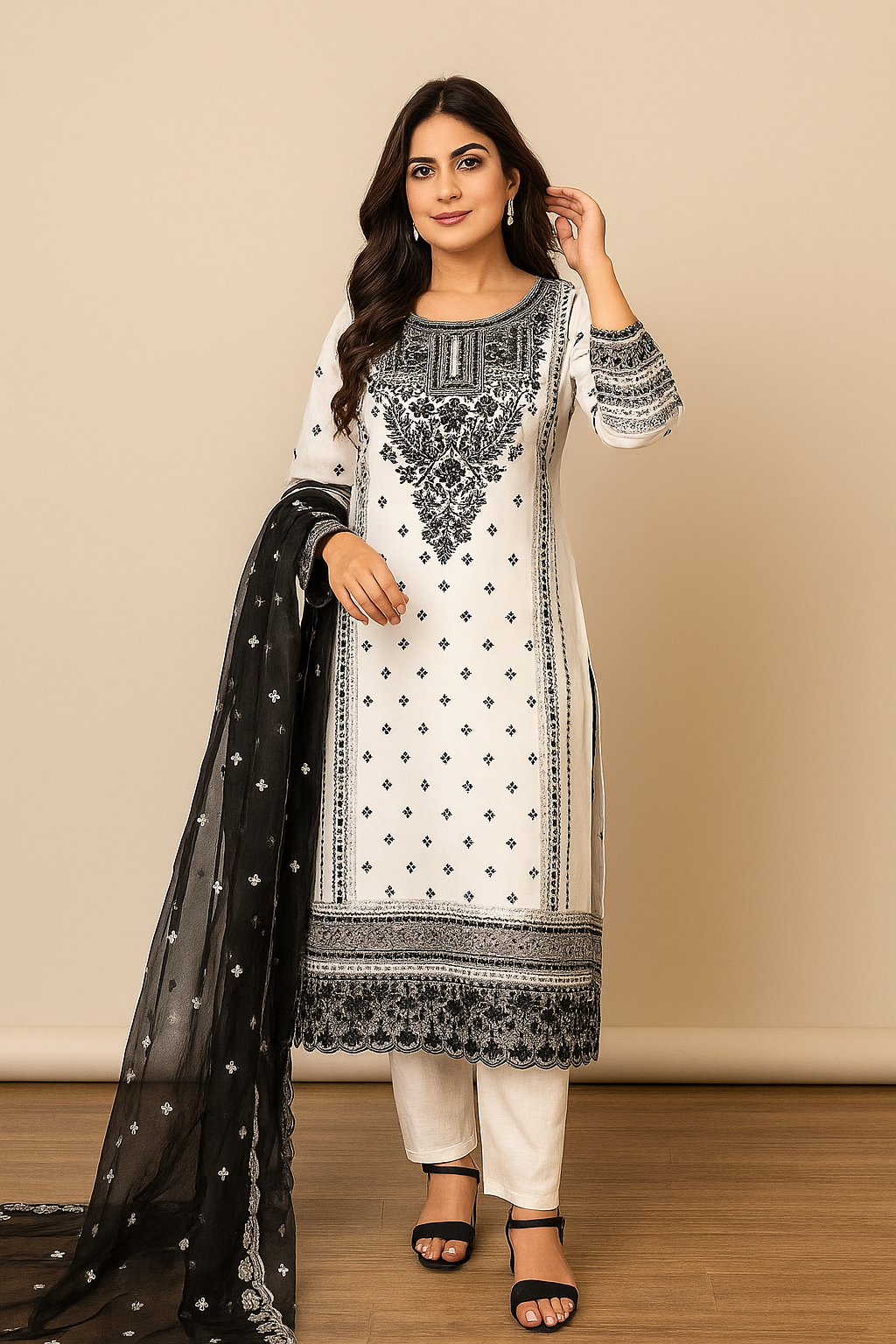 White Roman Silk Hand Work Suit