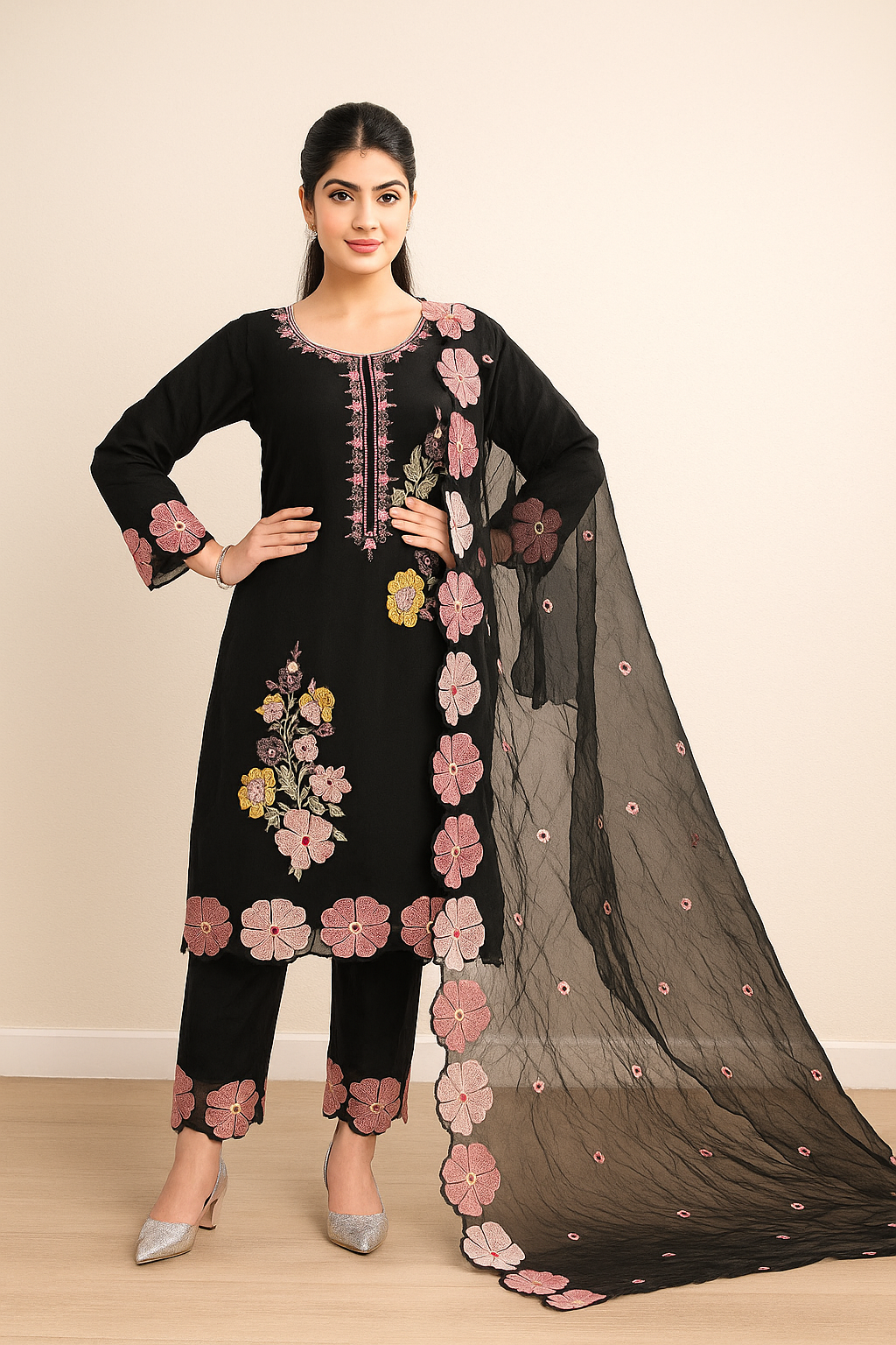 Black Floral Embroidered Suit