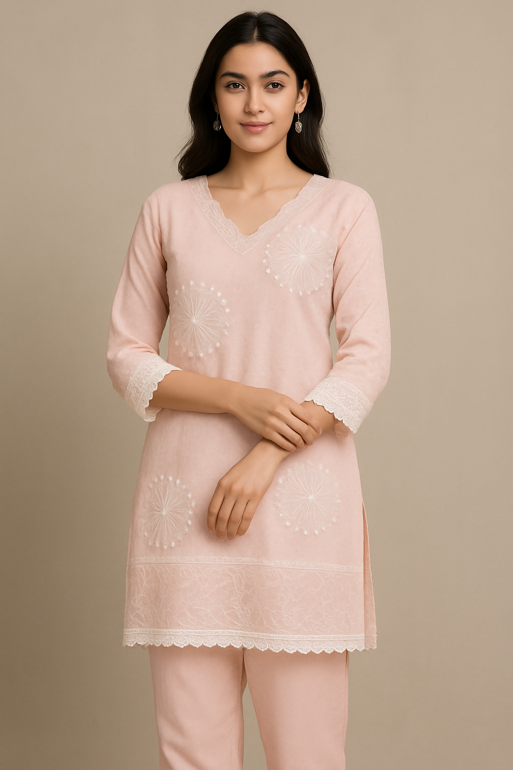 Baby Pink Embroidered Kurta Set with Lace Detailing - Premium Ethnic Wear for Women | Hamnaas Outlet