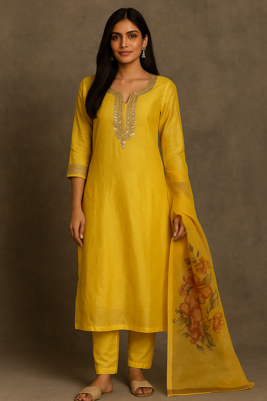 Mustard Yellow Embroidered Kurta Set with Floral Dupatta - Premium Ethnic Wear for Women | Hamnaas Outlet
