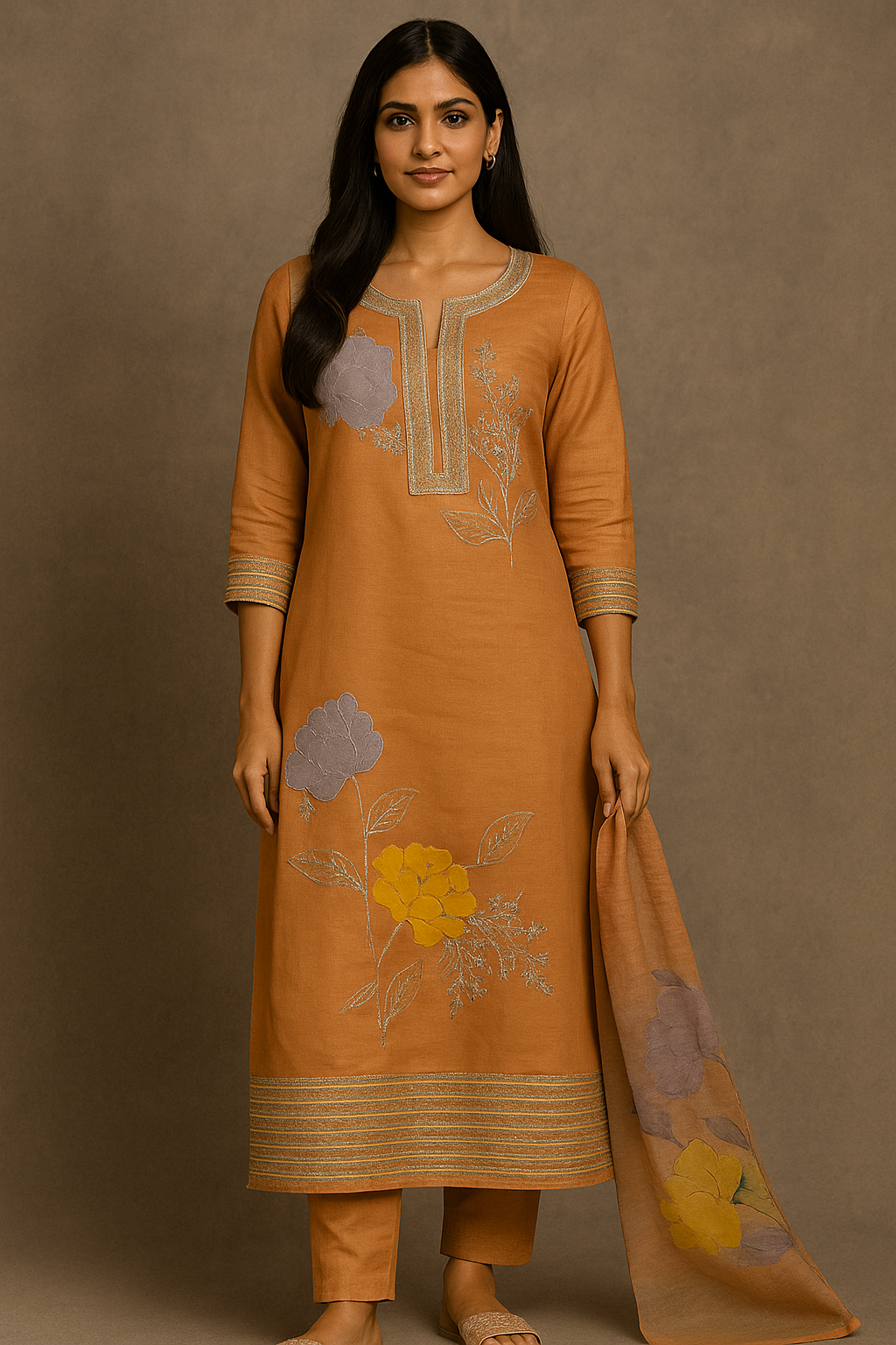 Burnt Orange Floral Embroidered Kurta Set - Premium Ethnic Wear for Women | Hamnaas Outlet