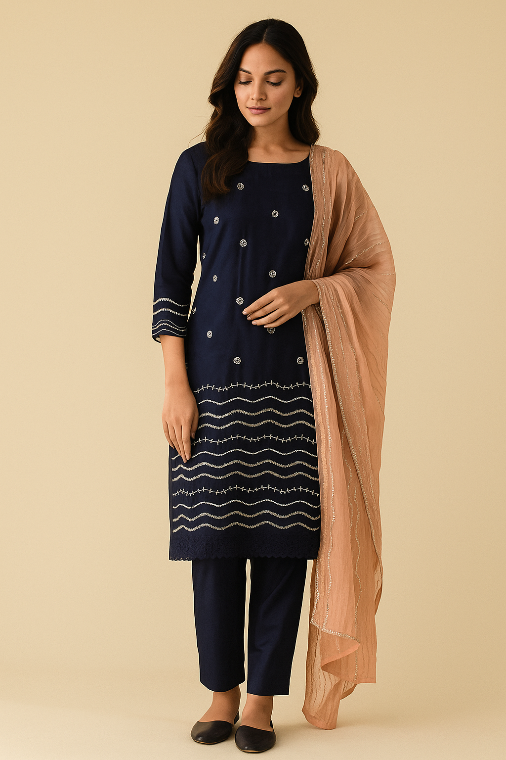 Navy Blue Embroidered Kurta Set with Peach Dupatta - Premium Ethnic Wear for Women | Hamnaas Outlet