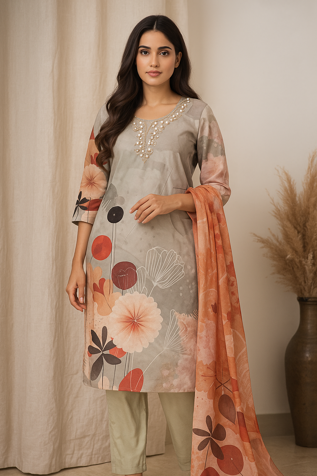 Pastel Grey Floral Printed Kurta Set with Embellished Neckline - Premium Ethnic Wear for Women | Hamnaas Outlet
