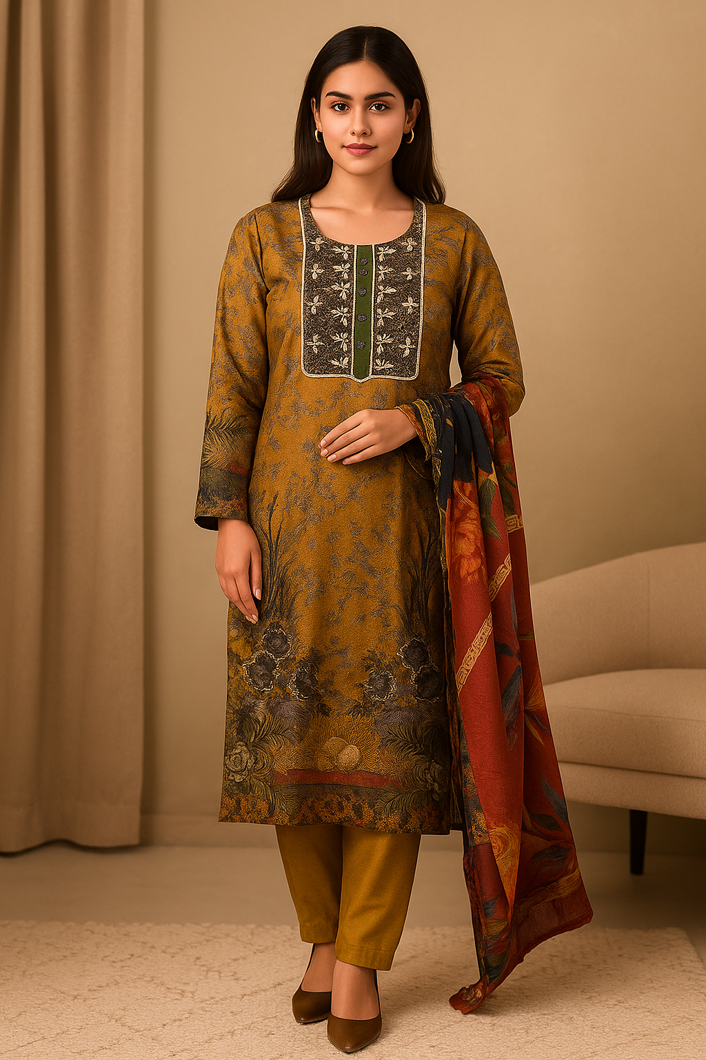 Mustard Ethnic Printed Kurta Set with Contrast Dupatta - Premium Ethnic Wear for Women | Hamnaas Outlet