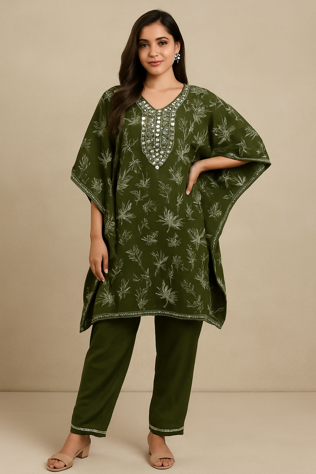  Olive Green Mirror Work Embroidered Kaftan Set - Premium Ethnic Wear for Women | Hamnaas Outlet