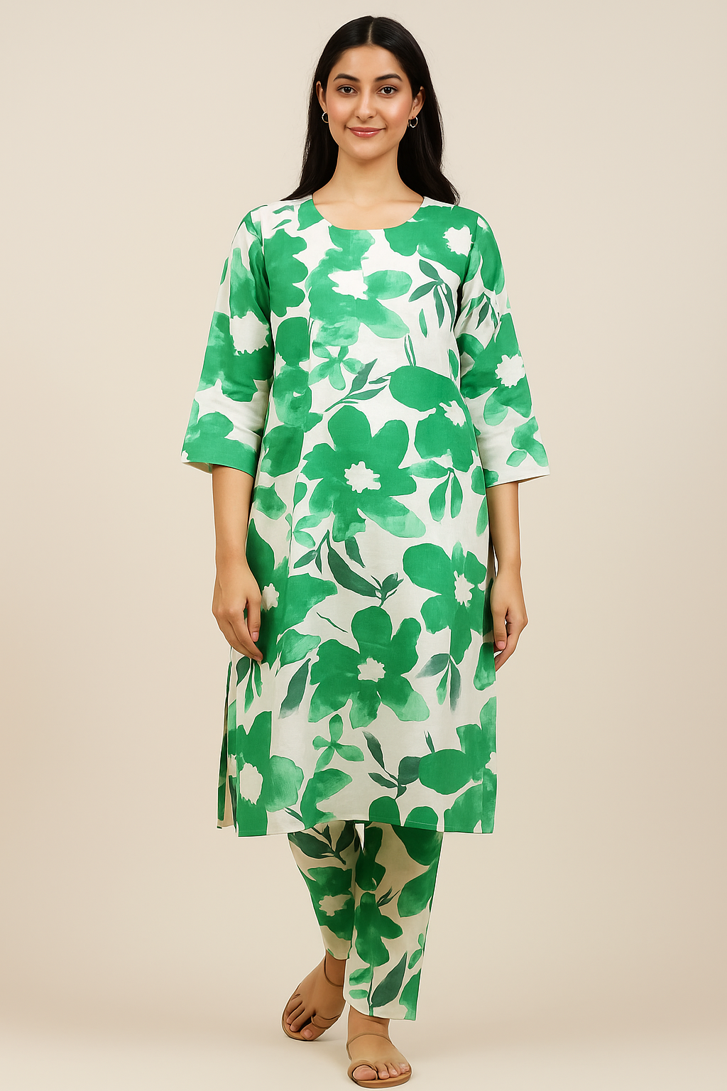 Green Floral Printed Cotton Cord Set