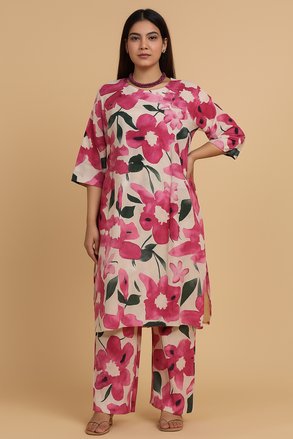 Pink Floral Printed Cotton Cord Set
