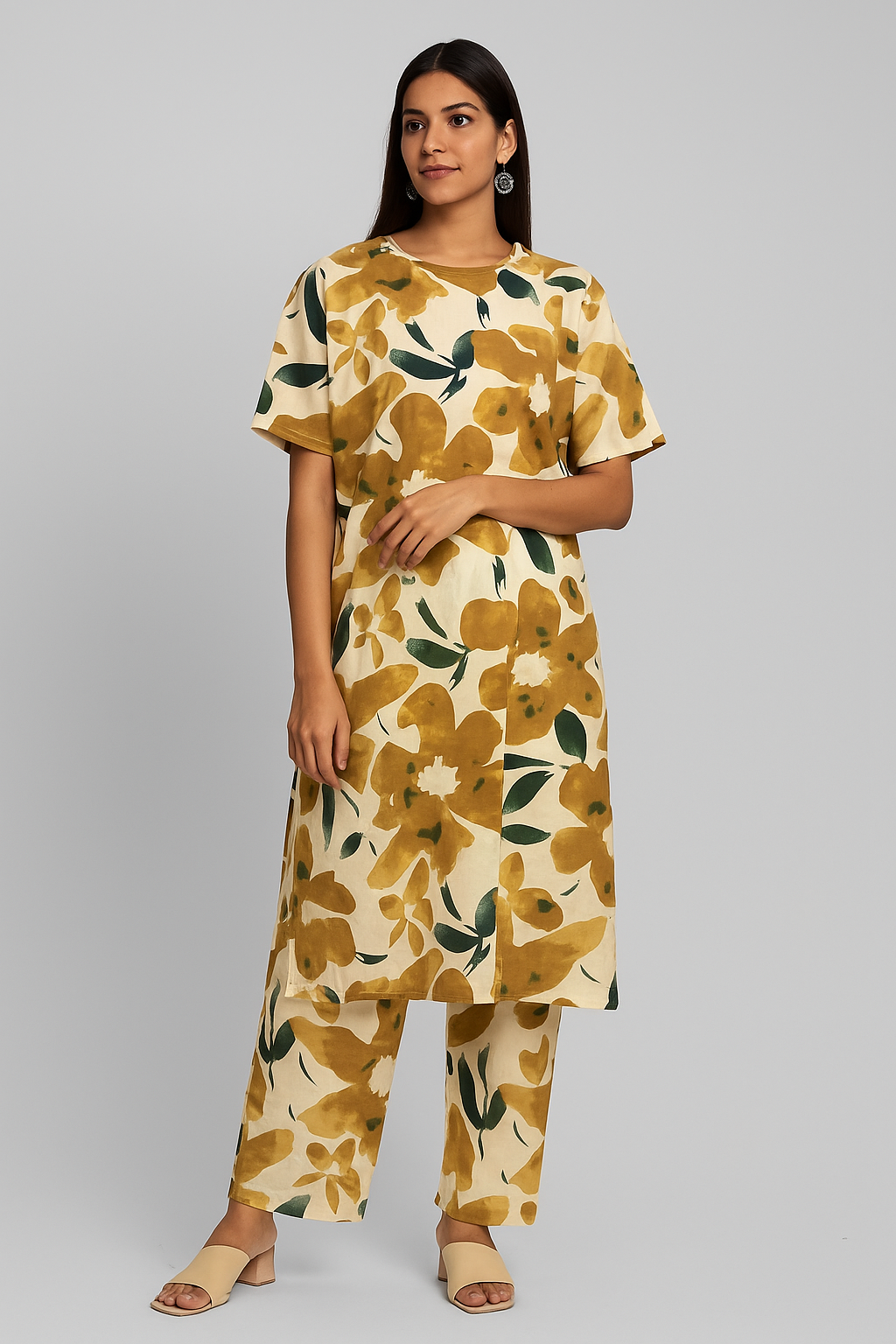 Mustard Floral Printed Cotton Cord Set