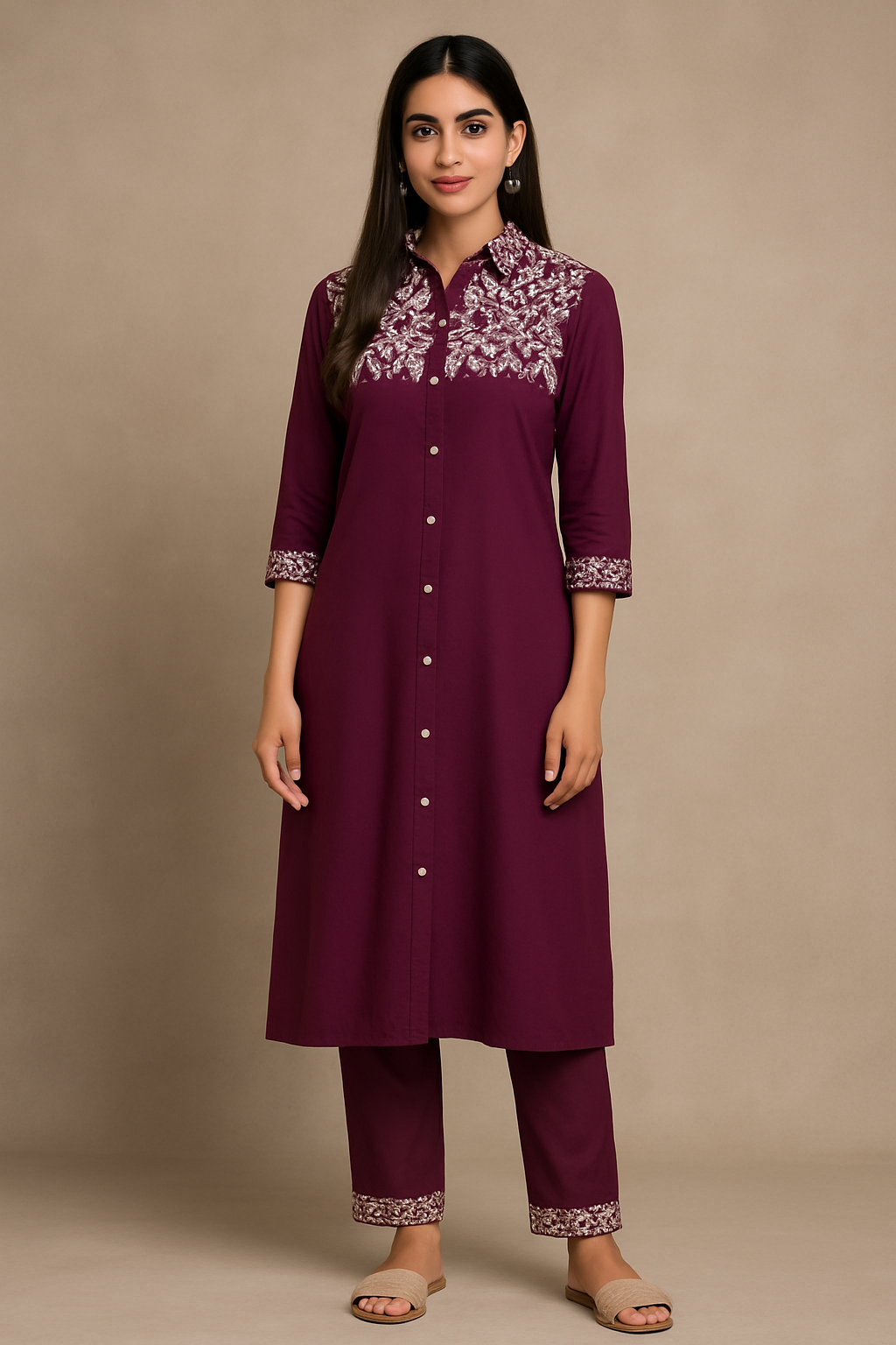 Wine Embroidered Shirt-Style Co-ord Set