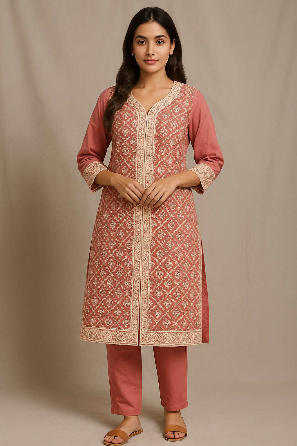 Rose Pink Embroidered Cotton Cord Set