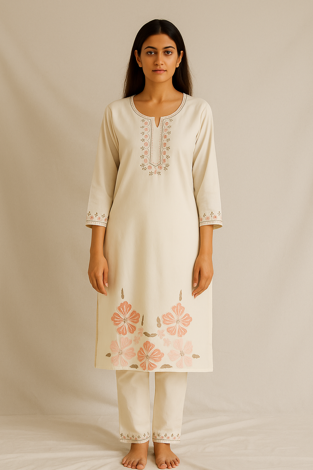 White Floral Embroidered Cord Set with Pink Thread Work