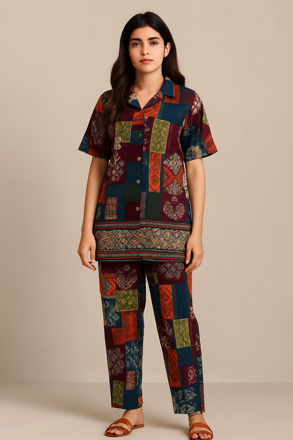 Patchwork Print Two-Piece Cord Set