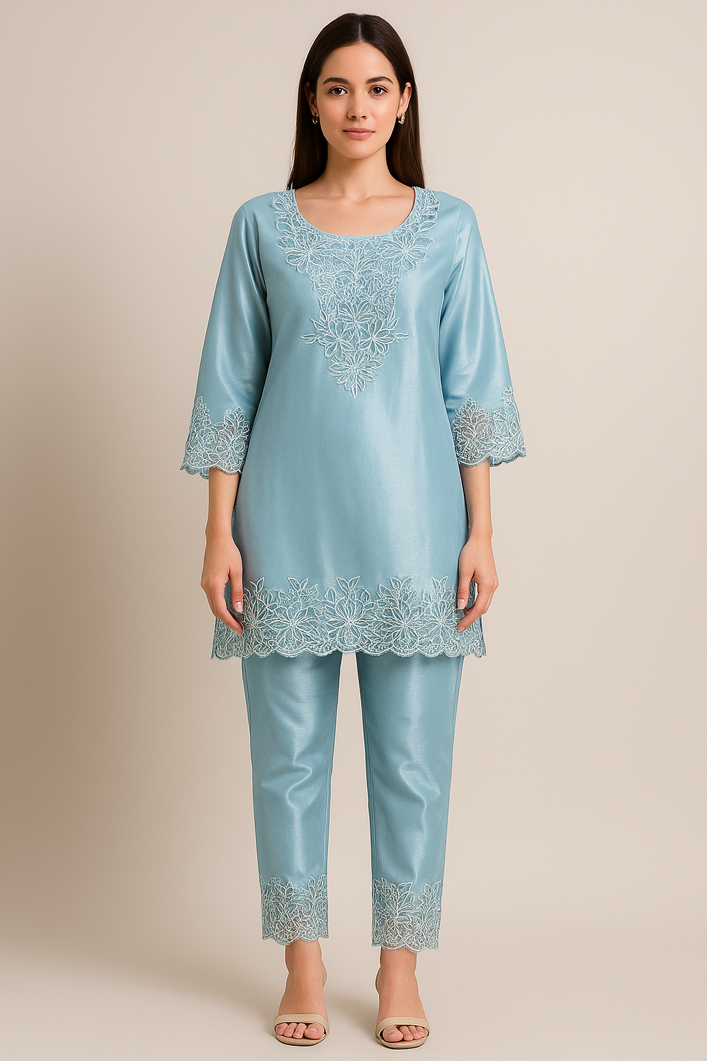 Sky Blue Traditional Jimmy Choo Coordinated Set - 2 Piece Cutwork Design