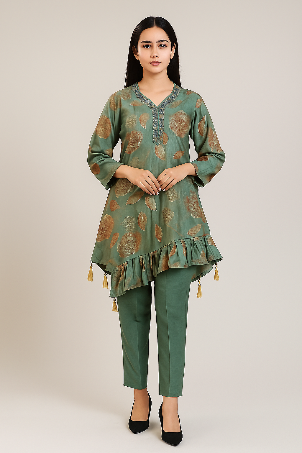 Sage Green Floral Embroidered Kurti Set with Palazzo - Women's Designer Ethnic Wear