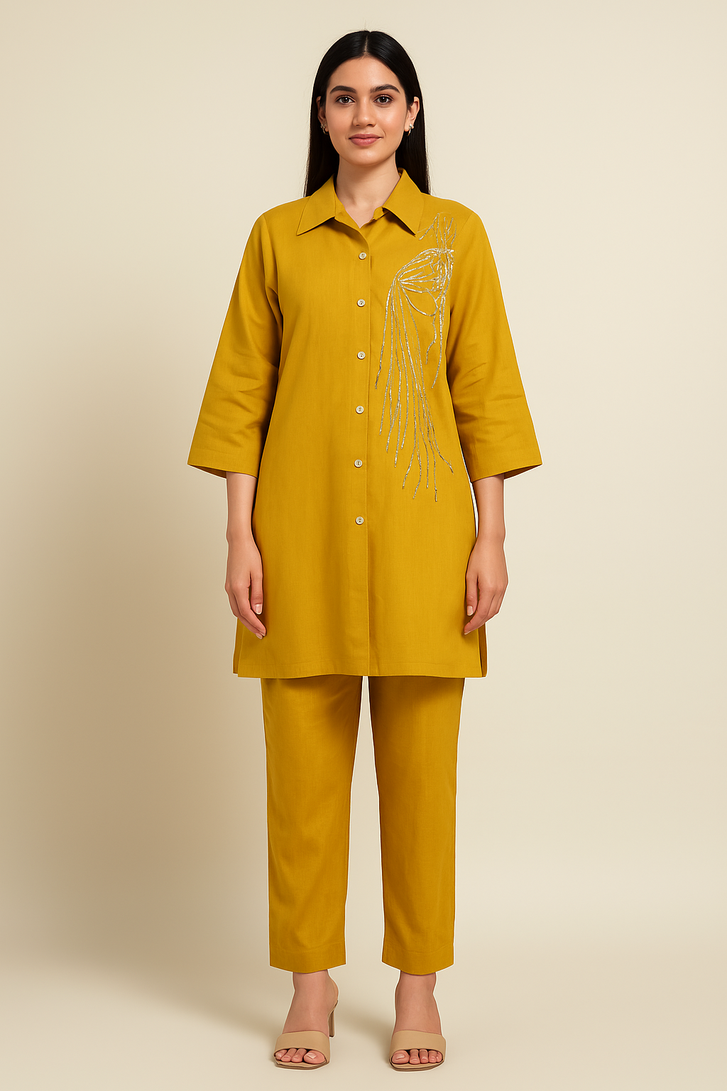 Mustard Yellow Cord Set with Golden Embroidery