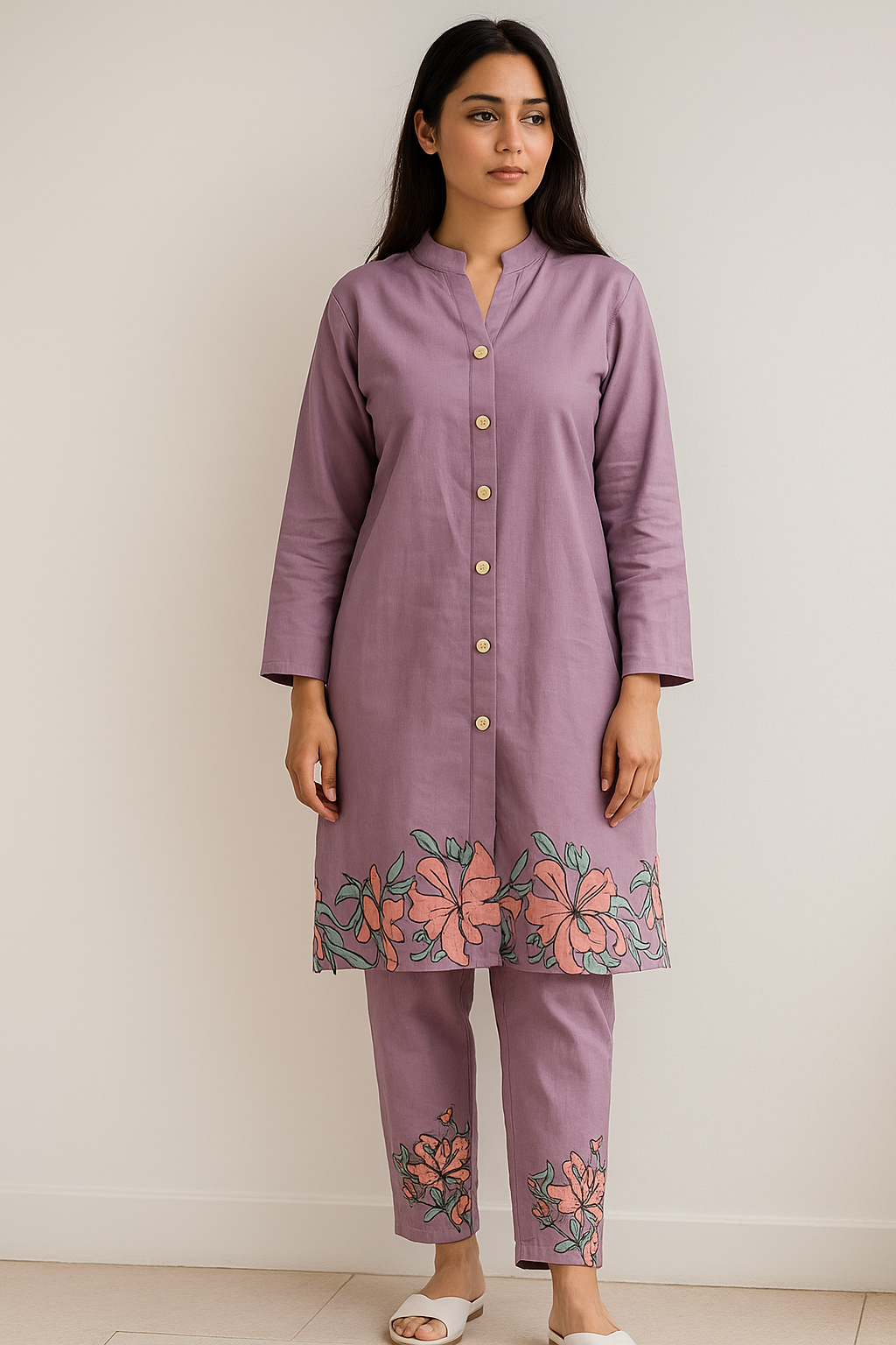 Purple Floral Cord Set with Bottom Border Design