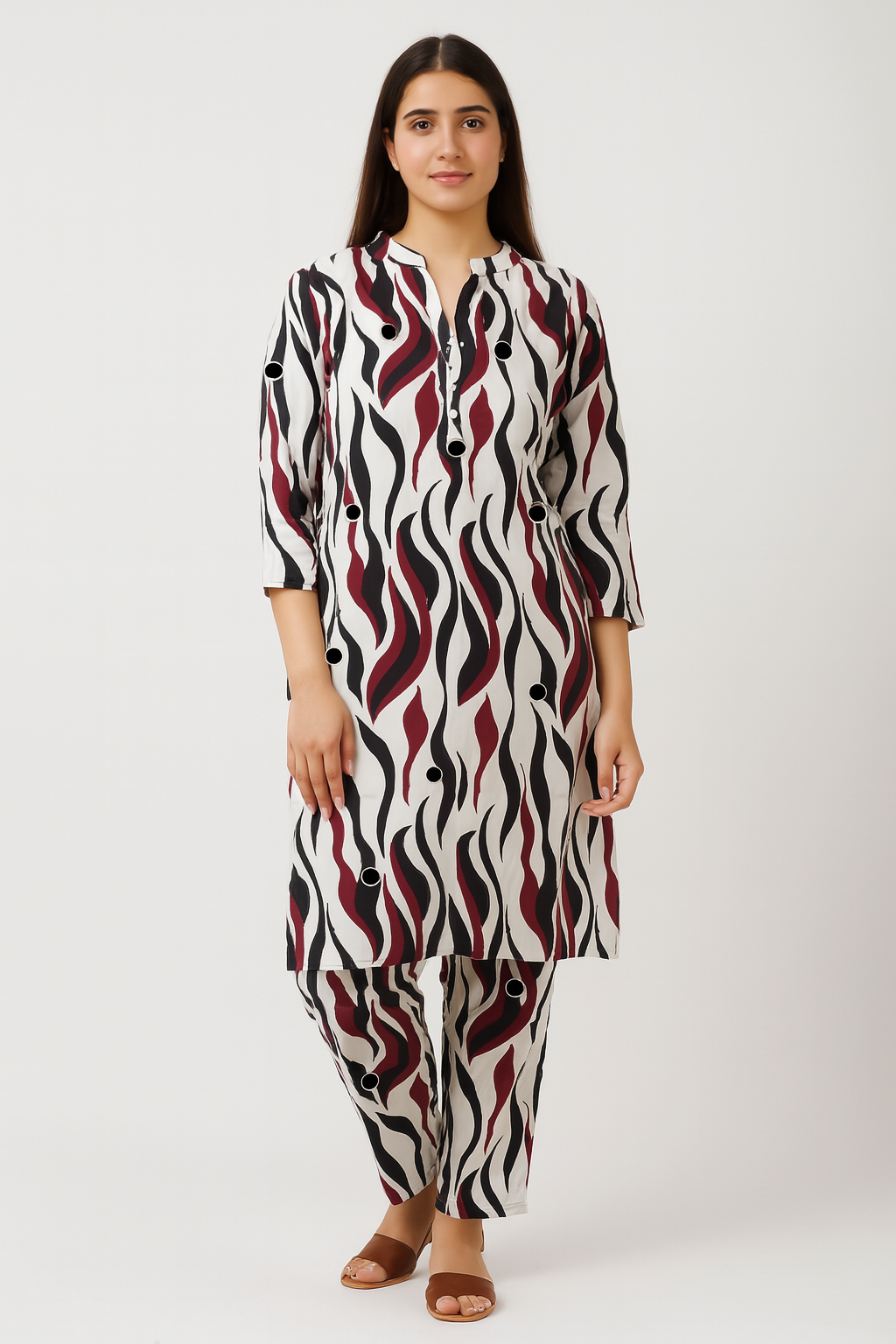 Burgundy Wave Print Coord Set - 2 Piece Button Down Outfit with Abstract Pattern - Premium Ethnic Wear for Women | Hamnaas Outlet
