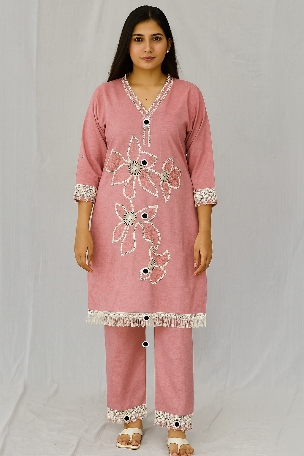 Pretty Pink Afghani Cord Set with Flower Design - 2 Piece Traditional Outfit - Premium Ethnic Wear for Women | Hamnaas Outlet