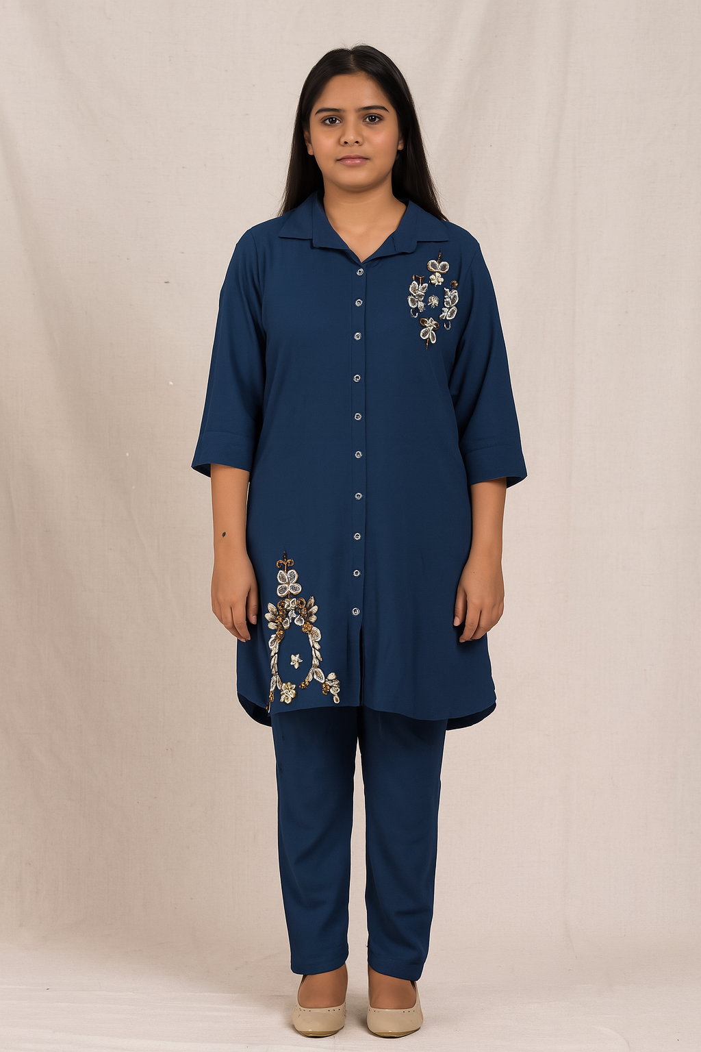 Navy Blue Embroidered Coord Set - 2 Piece Button Down Outfit with Golden Work - Premium Ethnic Wear for Women | Hamnaas Outlet