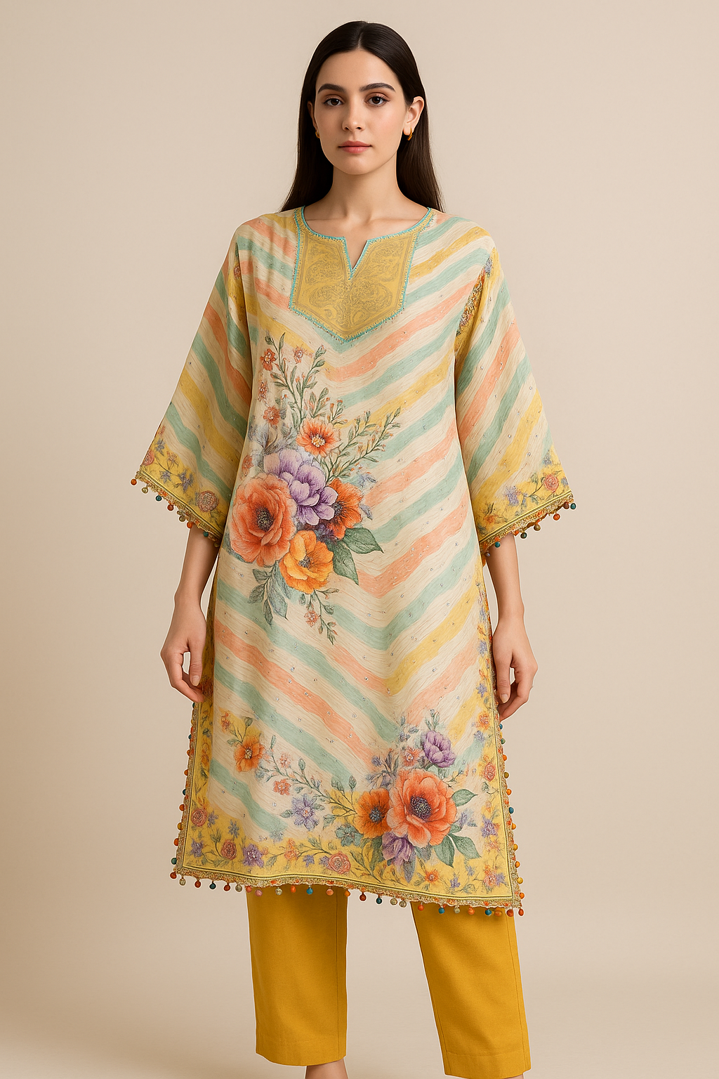 Mustard Embroidered Kaftan Dress - Premium Ethnic Wear for Women | Hamnaas Outlet