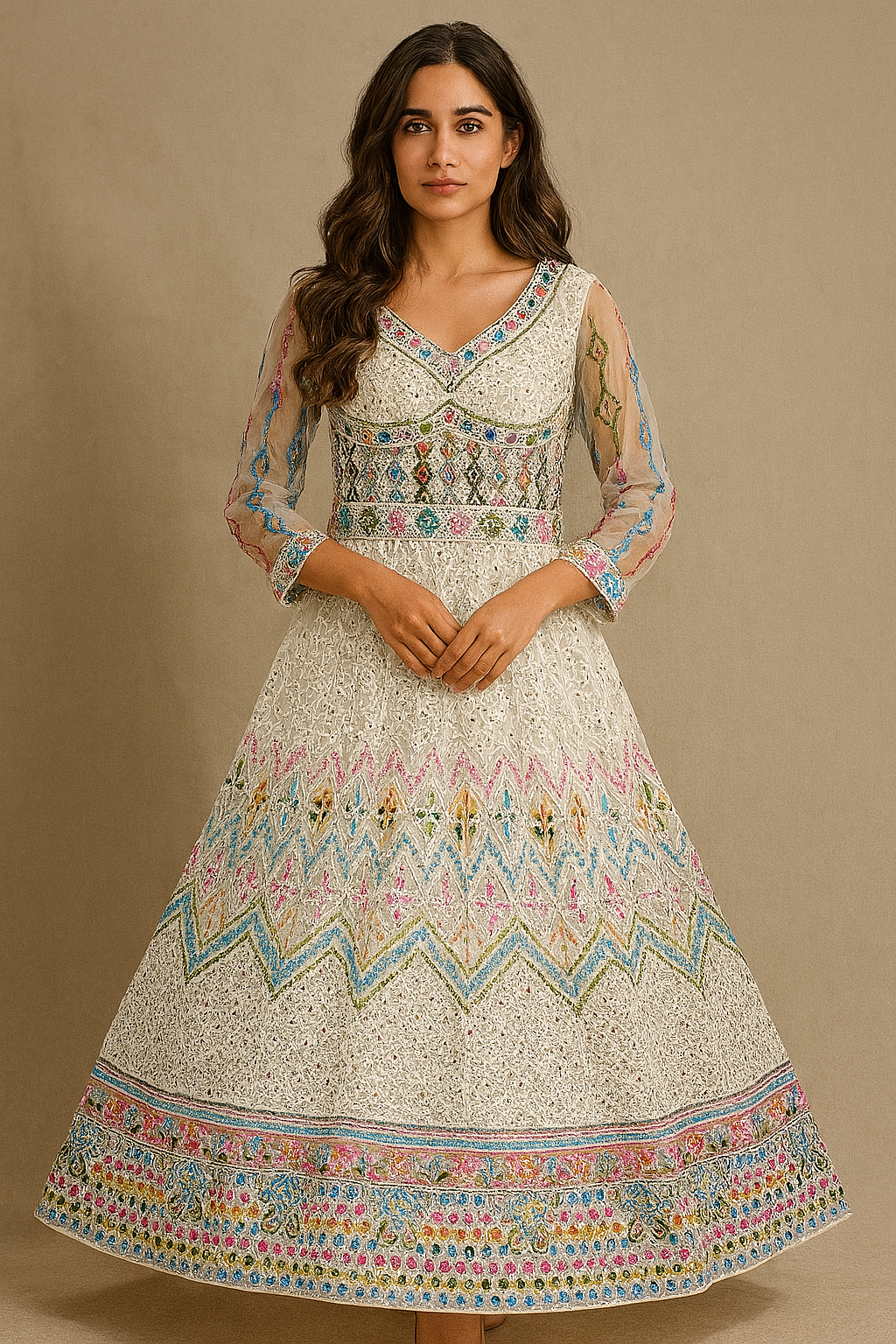 Premium White Multicolor Embroidered Gown for Women - Premium Ethnic Wear for Women | Hamnaas Outlet